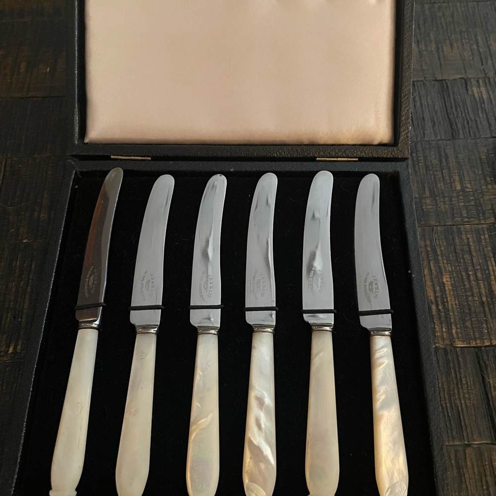 Mother of pearl no rust stainless steel dessert knives J.D.&B. LTD with case